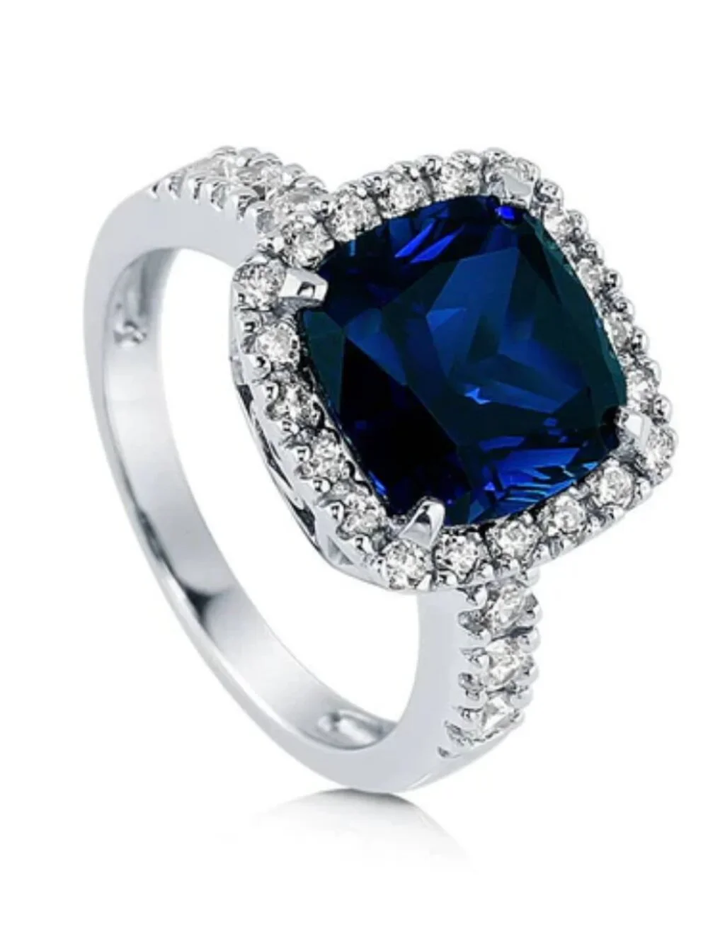 Blue sapphire Cushion Cut CZ Halo Ring